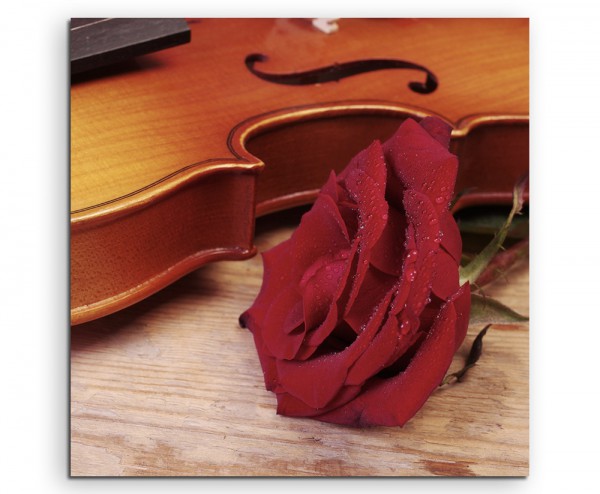 Künstlerische Fotografie – Violine mit roter Rose auf Leinwand