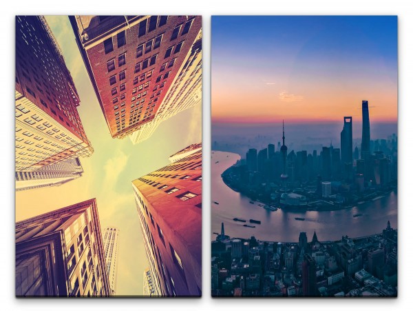 2 Bilder je 60x90cm Wolkenkratzer Shanghai Urban Skyline Architektur Großstadt Mega City