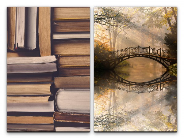 2 Bilder je 60x90cm Bücher Geschichten Bücherstapel Holzbrücke Wald Märchenhaft Bezaubernd