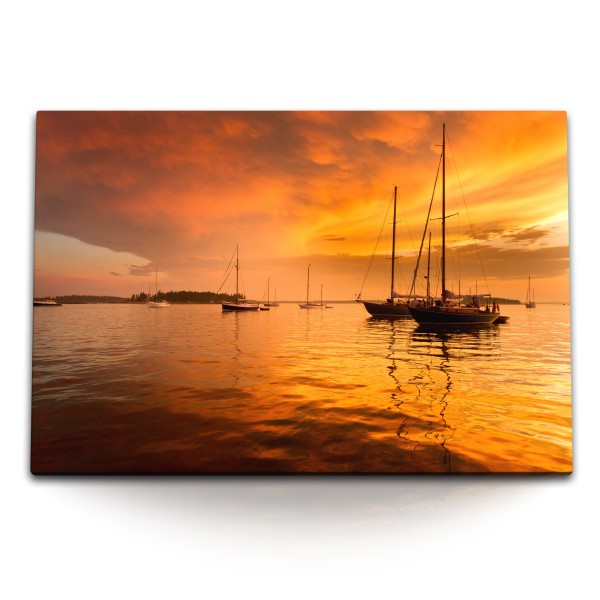 120x80cm Wandbild auf Leinwand Roter Himmel Meer Segelboote Abendrot Sonnenuntergang