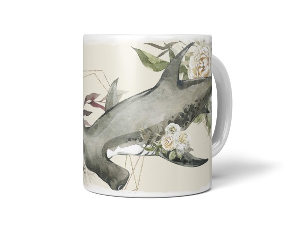 Dekorative Tasse mit schönem Motiv Hammerhai Hai Blumen Blüten Pastellton Vintage