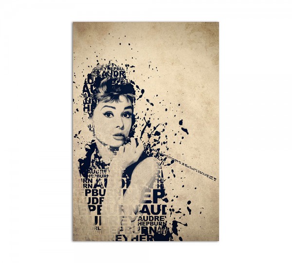 Audrey Hepburn Typografie Splash Art in 90x60cm auf Leinwand fertig gerahmt