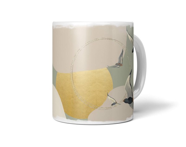 Dekorative Tasse mit schönem Vogel Motiv Fliegen goldene Sonne Pastelltöne einzigartiges Design