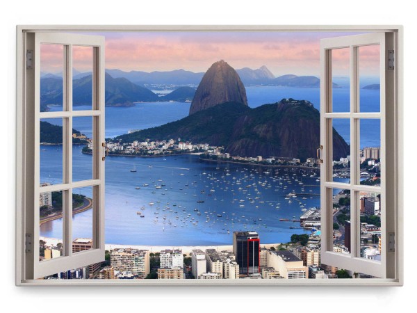 Wandbild 120x80cm Fensterbild Rio de Janeiro Berge Buch Abenddämmerung