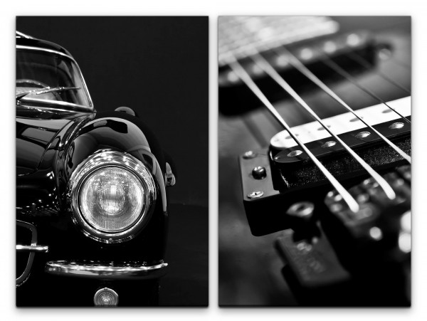 2 Bilder je 60x90cm Oldtimer Schwarz Klavierlack Scheinwerfer Traumauto Gitarrensaiten altes Auto