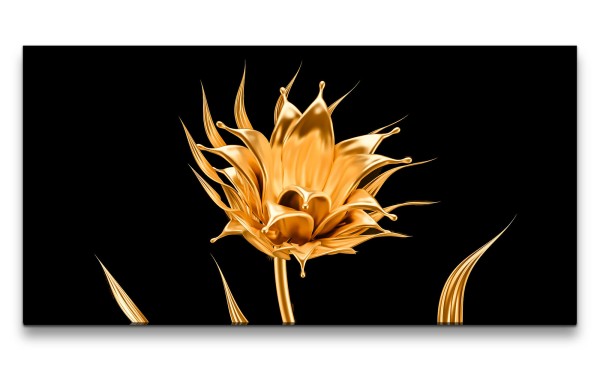 Leinwandbild 120x60cm Goldene Blume 3d Art Blüte Modern Kunstvoll Schwarz