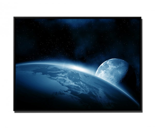 105x75cm Leinwandbild Petrol Weltall Erde Mond Sonnenaufgang