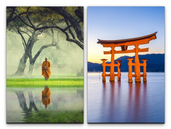 2 Bilder je 60x90cm Itsukushima-Schrein Mönch Buddhismus Harmonie roter Schrein Meditation Thailand