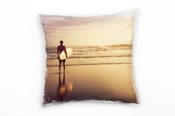Strand und Meer, Sonnenuntergang, Surfer, orange Deko Kissen 40x40cm für Couch Sofa Lounge Zierkisse