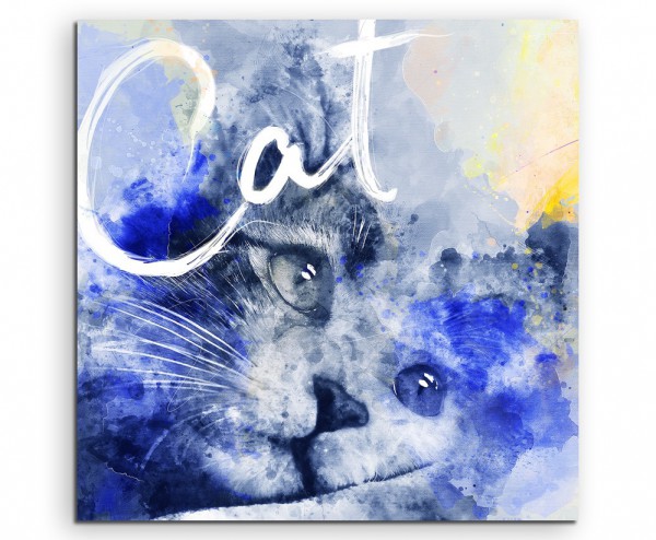 Verträumtes Katzengesicht in Blautönen mit Kalligraphie