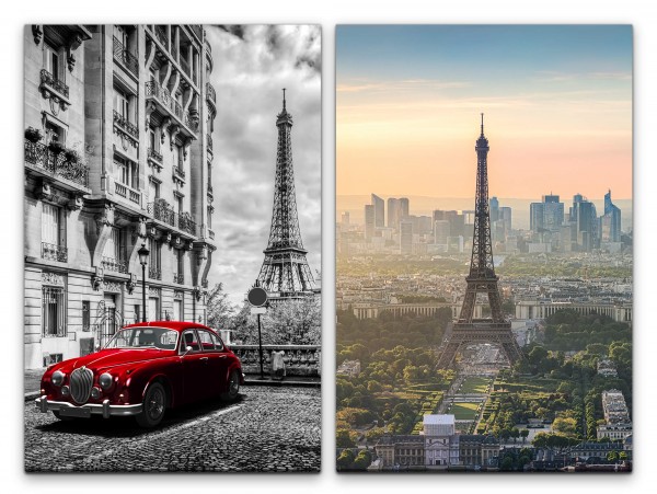 2 Bilder je 60x90cm roter Oldtimer Paris Eiffelturm Altstadt Romantisch Skyline Frankreich