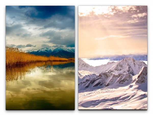 2 Bilder je 60x90cm Gebirge Schnee See Natur Unberührt warmes Licht positive Energie