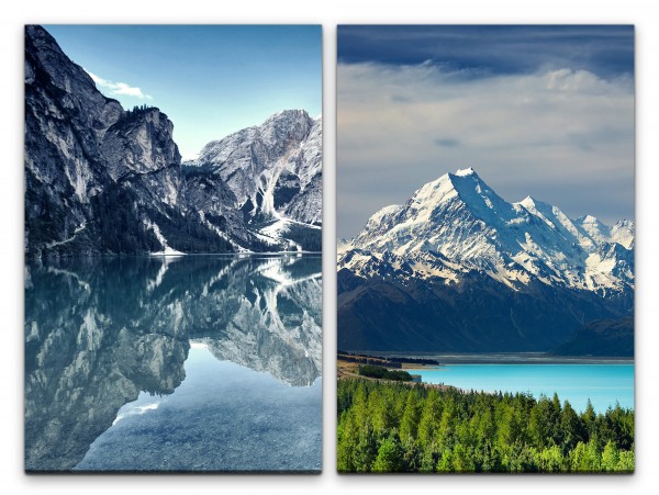2 Bilder je 60x90cm Mount Cook Neuseeland Natur See Schneegipfel klares Wasser Stille