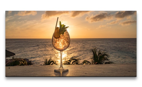 Leinwandbild 120x60cm Cocktail Sommer Urlaub Strand Meer Traumhaft Sonnenuntergang