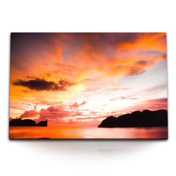 120x80cm Wandbild auf Leinwand Roter Himmel Meer Inseln Abendrot Sonnenuntergang