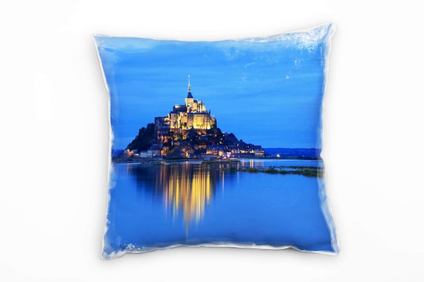 Urban, blau, gelb, Le Mont-Saint-Michel, Nacht Deko Kissen 40x40cm für Couch Sofa Lounge Zierkissen