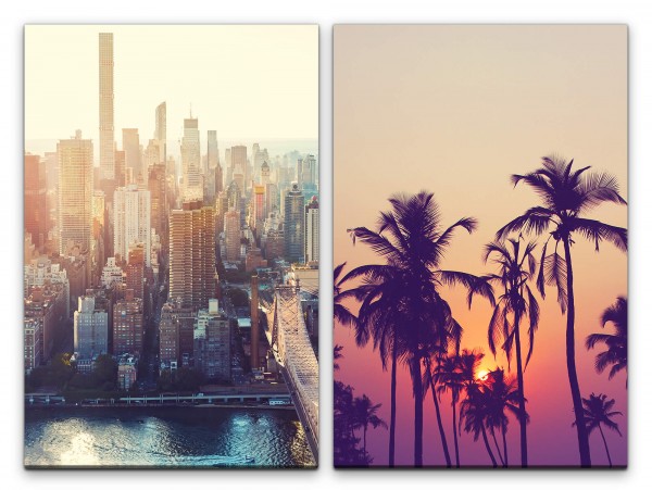 2 Bilder je 60x90cm New York Chicago Skyline Sommer Palmen Kontrast USA