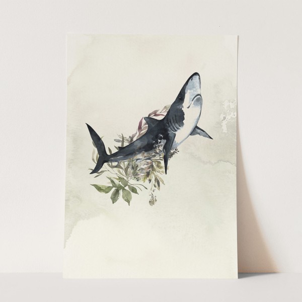Wandbild weißer Hai Wasserfarben Aquarell Braun Vintage