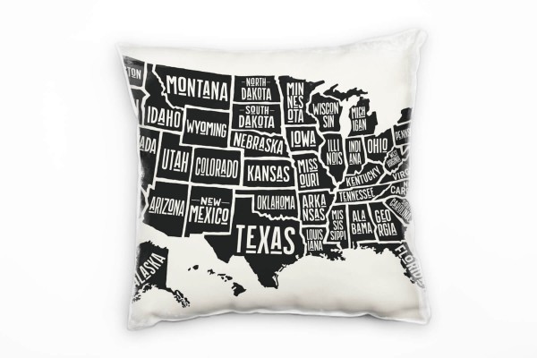 Illustration, USA, Bundesstaaten, beige, schwarz Deko Kissen 40x40cm für Couch Sofa Lounge Zierkisse