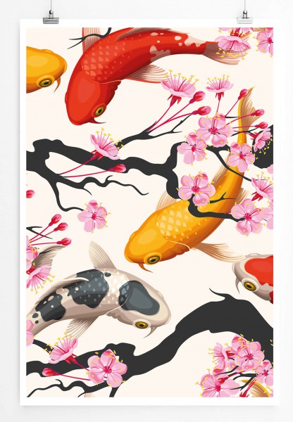 60x90cm Poster Bild  Kois und Kirschblüten