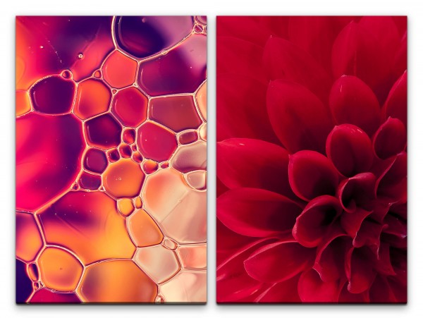 2 Bilder je 60x90cm Dahlie rote Blüte Wasserblasen Bunt Fotokunst Abstrakt Makrofotografie