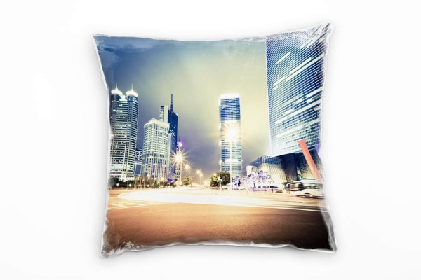 Urban und City, orange, blau, Nacht, Hochhäuser Deko Kissen 40x40cm für Couch Sofa Lounge Zierkissen