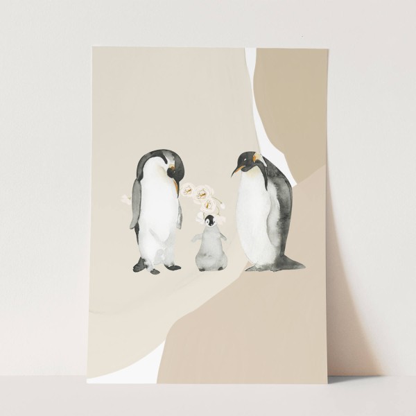 Wandbild Tier Motiv Pinguin Familie Blumen Pastelltöne Herzig