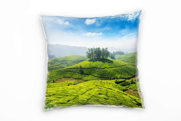 Landschaft, grün, blau, Hügel im Dunst, Indien Deko Kissen 40x40cm für Couch Sofa Lounge Zierkissen