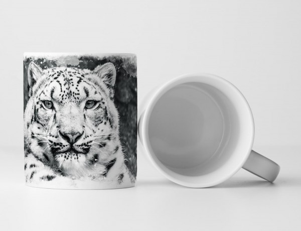 Tasse Geschenk Tierfotografie – Porträt eines Schneeleoparden schwarz weiß