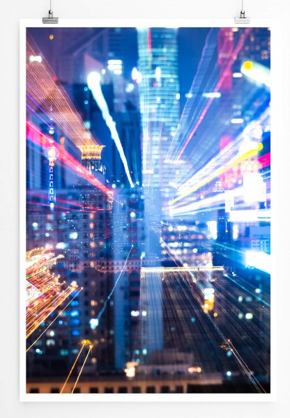 Urbane Fotografie  Wolkenkratzer mit bunten Nachtlichtern 60x90cm Poster