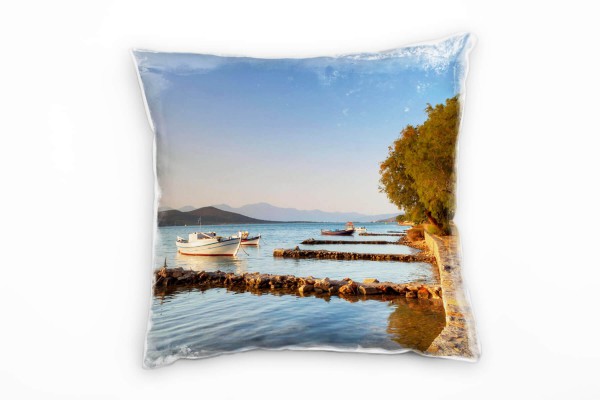 Meer, braun, blau, Boote, Küste, Griechenland Deko Kissen 40x40cm für Couch Sofa Lounge Zierkissen