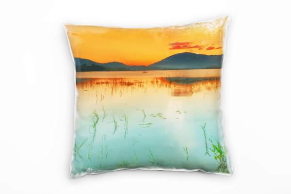 Seen, blau, orange, Sonnenuntergang, Berge Deko Kissen 40x40cm für Couch Sofa Lounge Zierkissen