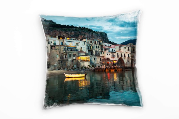City, alte Häuser, Abend, Wasser, Boot, braun, blau Deko Kissen 40x40cm für Couch Sofa Lounge Zierki
