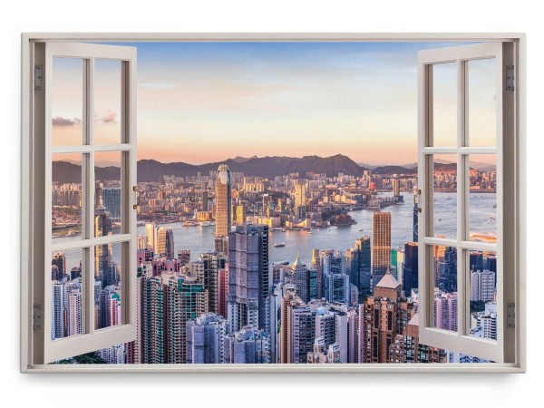 Wandbild 120x80cm Fensterbild Hongkong Skyline Hochhäuser Megacity Sonnenuntergang
