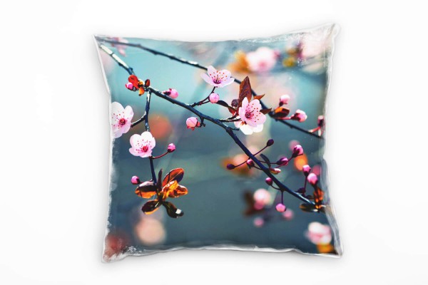 Blumen, rosa, türkis, Kirschblüten, Zweig Deko Kissen 40x40cm für Couch Sofa Lounge Zierkissen