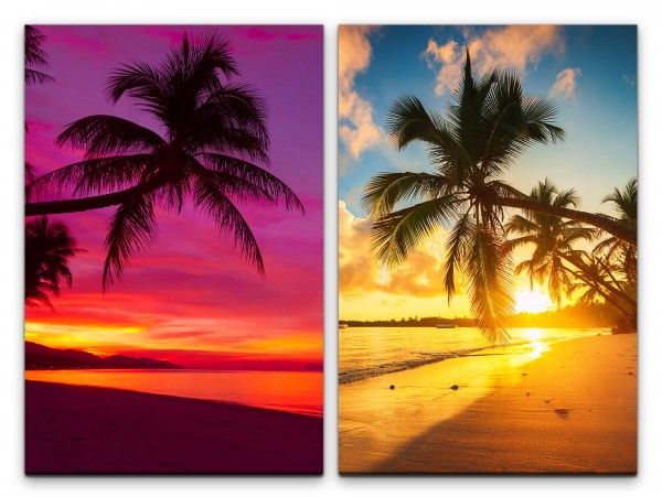 2 Bilder je 60x90cm Palme Traumstrand Urlaubsparadies Sandstrand Sommer Erholung Sonnenuntergang