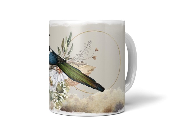 Dekorative Tasse mit schönem Vogel Motiv Kuckuck Blumen Blüten Pastelltöne