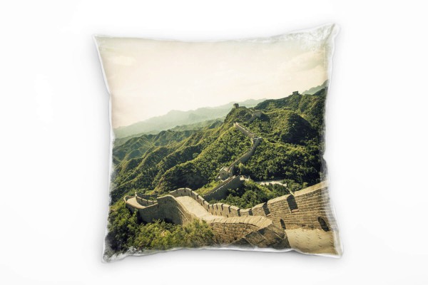 Landschaft, chinesische Mauer, China, grün, braun Deko Kissen 40x40cm für Couch Sofa Lounge Zierkiss
