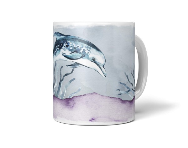 Dekorative Tasse mit schönem Motiv Delfin Wasserfarben Blumen Korallen Blau Wasserfarben