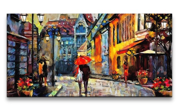 Leinwandbild 120x60cm Romantische Dorf Liebespärchen Regenschirm Farbenfroh Kunstvoll