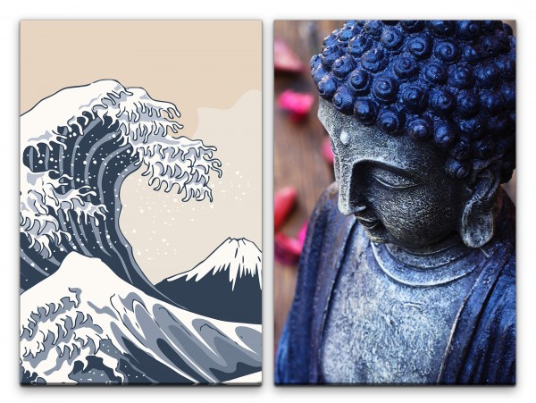 2 Bilder je 60x90cm Buddha Kanagawa Buddhismus Welle Japan Harmonisch Katsushika