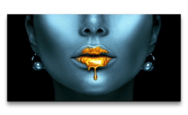 Leinwandbild 120x60cm Schöne Frauen Lippen fließendes Gold Glitzer Fotokunst