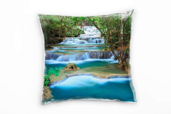 Natur, blau, grün, braun, Wasserfall, Thailand Deko Kissen 40x40cm für Couch Sofa Lounge Zierkissen