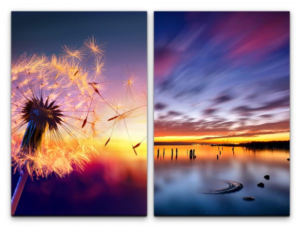 2 Bilder je 60x90cm Pusteblume Sommer Abenddämmerung Abendröte Horizont Meer Wolken