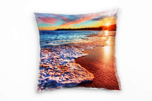 Strand und Meer, Sonnenuntergang, blau, rot Deko Kissen 40x40cm für Couch Sofa Lounge Zierkissen