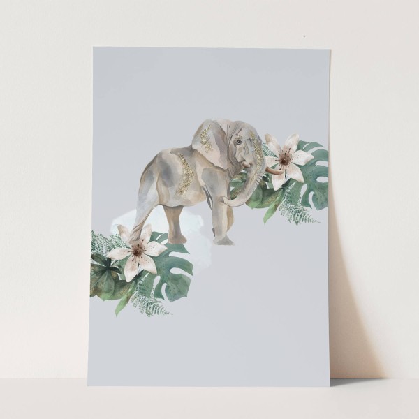 Wandbild Tier Motiv Elefant Blumen Pflanzen Dekorativ Kunstvoll Gold