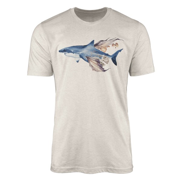 Herren Shirt 100% gekämmte Bio-Baumwolle T-Shirt weißer Hai Wasserfarben Motiv Nachhaltig Ökomode a