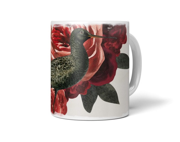 Dekorative Tasse mit schönem Vogel Motiv Blumen Rosenblüte Rose Kunstvoll Rot