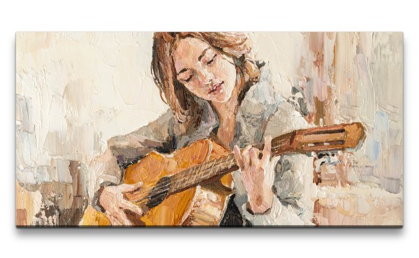 Leinwandbild 120x60cm Junge Frau spielt Gitarre Kunstvoll Malerisch Musik