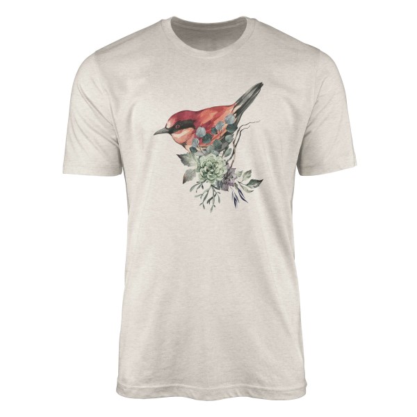 Herren Shirt Organic T-Shirt Aquarell Motiv kleiner Vogel Blumen Bio-Baumwolle Ökomode Nachhaltig F